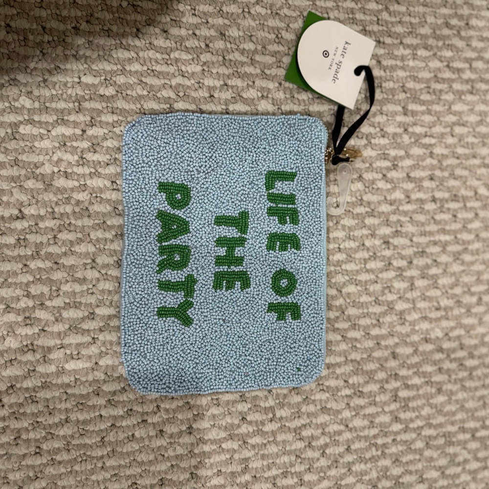 Kate Spade Light Blue Beaded Pouch with Green Text